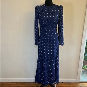 Reformation Lysander Long Sleeve Dress in Navy with White Dots